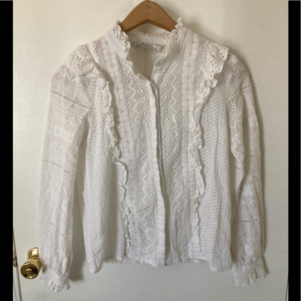 Zara embroidered white ruffle blouse